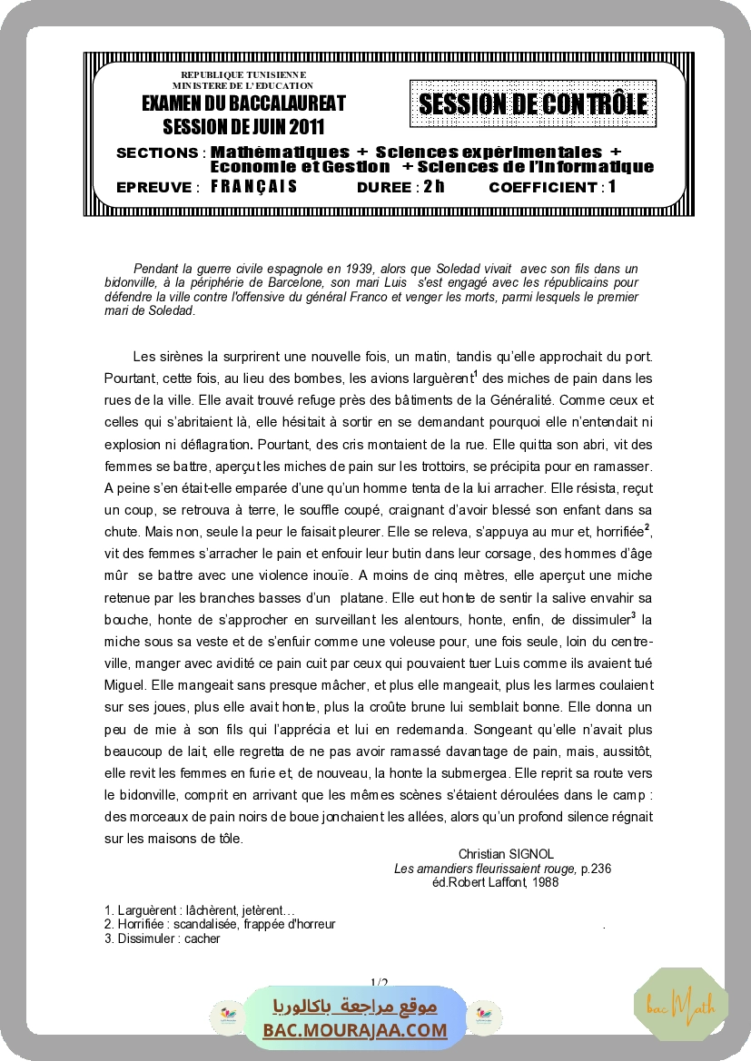 Sujet controle francais Bac 2011 – Section math